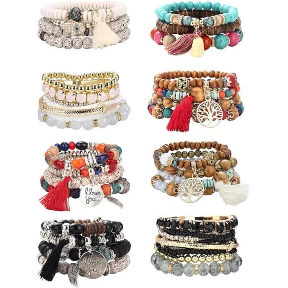 8 Sets Bohemian Stackable Bead Bracelets for Women Stretch - Picture 1 of 8